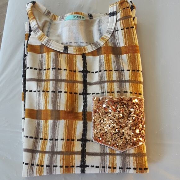 Womens Sz L Plaid Sequin Stretchy Long Sleeve Made in USA Tee Shirt - Picture 9 of 10